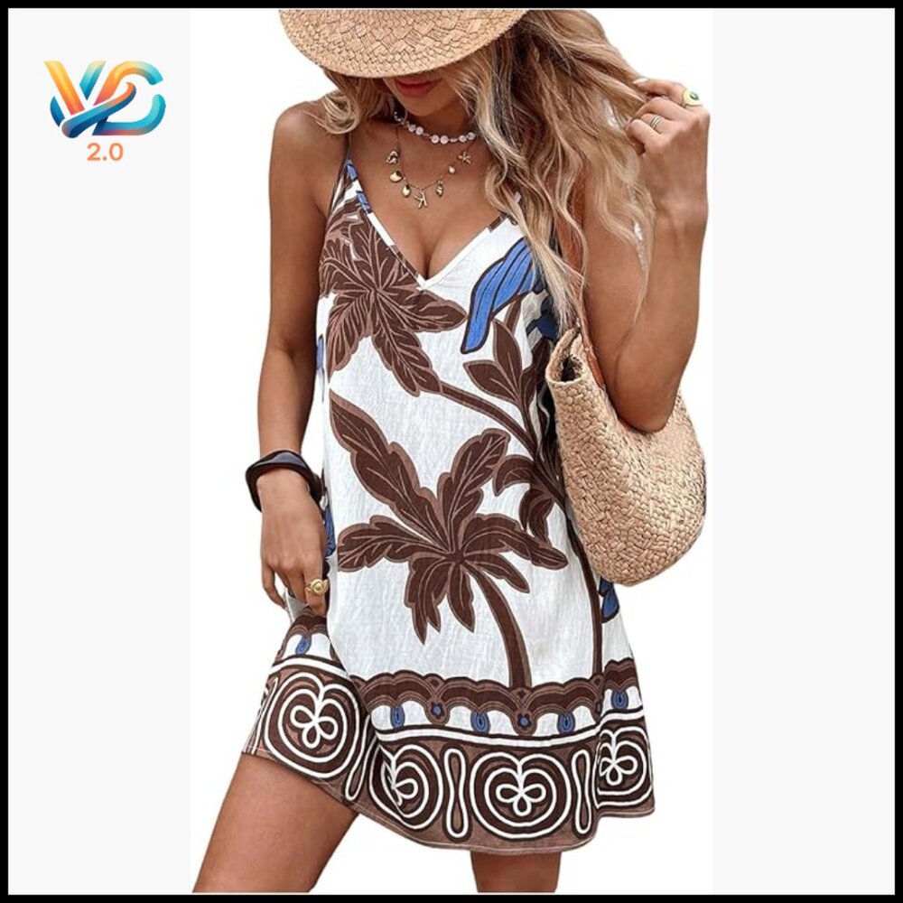 Boho Printed Mini Dress V-Neck Spaghetti Strap Flowy Summer Sundress